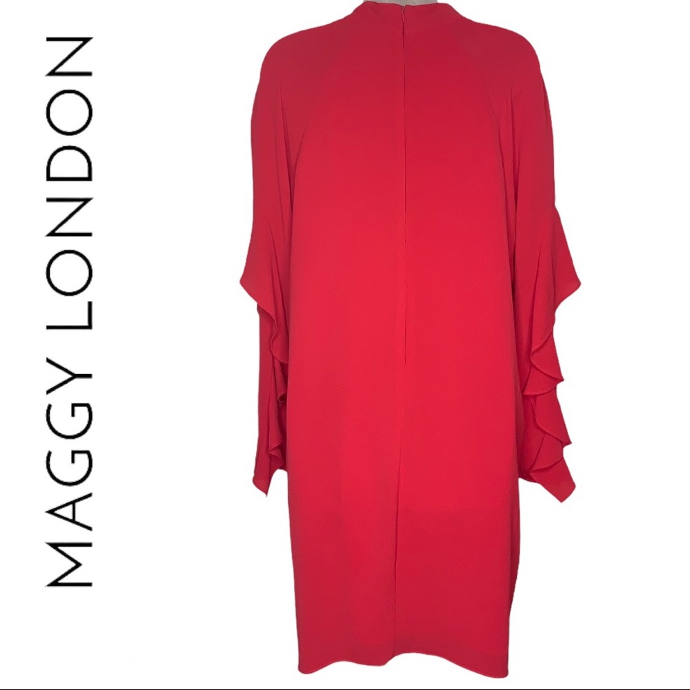 💥 SOLD💥Maggy London Ruffle Sleeve Mock Neck Red Cocktail Dress 10 - Picture 4 of 11